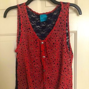 Color of Love Navy blue Lace back Polka dot Red button-down Front Tie Tank
